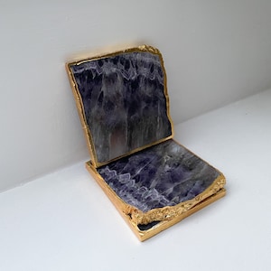 Purple Agate Stone Coasters, Agate Coasters in the uk, Square Crystal Coasters, Gold and Purple agate stone coasters. Housewarming
