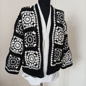 Crochet Black and White Granny Square Sweater, Geometrical Jacket, Knitted Cardigan , Birthday Gift