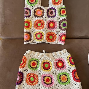 Crochet Granny Square Boho Set: Colorful Knitted Top & Shorts
