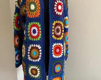 Afghan Crochet Granny Square Cardigan, Boho Knitting Jacket, Colorful Patchwork Coat, Blue Long Handwoven Cardigan, Knit Wear ,Gift for Her