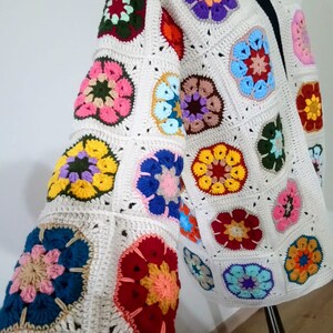 Beige Crochet Granny Square Afghan Floral Jacket, Boho Cardigan , Patchwork Sweater, Knitted Colorful Cardigan, Gift for Mom and Her