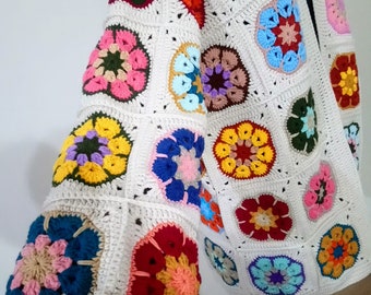 Beige Crochet Granny Square Afghan Floral Jacket, Boho Cardigan , Patchwork Sweater, Knitted Colorful Cardigan, Gift for Mom and Her