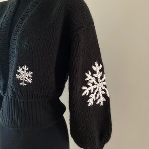 Snowflakes  Knit Crop Black Sweater Cardigan, Birthday  Gift, Christmas Gift ,