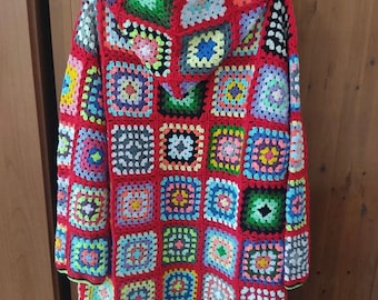 Crochet Hooded Granny Square Afghan Throw Sweater, Colorful Knitted Cardigan, Oversized Geometrical Jacket, Knitting Wear , Gift for Her