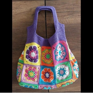 Crochet Granny Square Tote Bag: Purple African Flower, Colorful Beach Purse