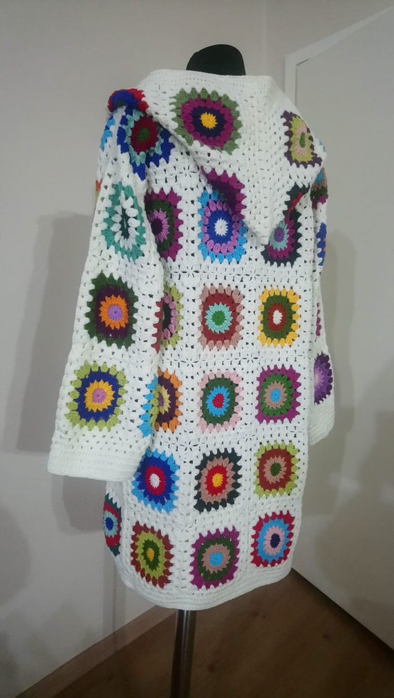 Crochet Hooded Granny Square Cardigan: Bohemian Colorful Jacket