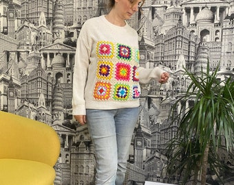 Cream Granny Square Crochet Sweater: Geometric Pullover