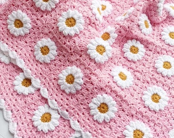 Crochet Daisy Baby Blanket, Knitted Granny Square Pink and White Baby Blanket