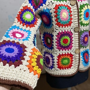 Crochet Hooded Granny Square Afghan Throw Sweater, Geometrical Patchwork Jacket,Knitting Bohemian Cardigan, Birthday Gift,Mother&#39;s Day Gift