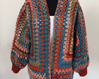 Crochet Hexagon Cardigan, Knitted Granny Square Cardigan, Mothers Day Gift, for Her