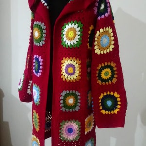 Crochet Hooded Granny Square Afghan Cardigan , Geometrical Colorful Jacket, Knit Clothing Women, Burgundy  Boho Cardigan, Mother's Day Gift