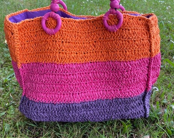 Crochet Colorful Raffia Summer Bag, Large Beach Bag, Straw Shoulder Bag