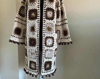 Crochet Granny Square Afghan Throw Cardigan, Geometrical Cream Patchwork Jacket, Bohemian Cardigan , Mother's Day Gift, Birthday Gift
