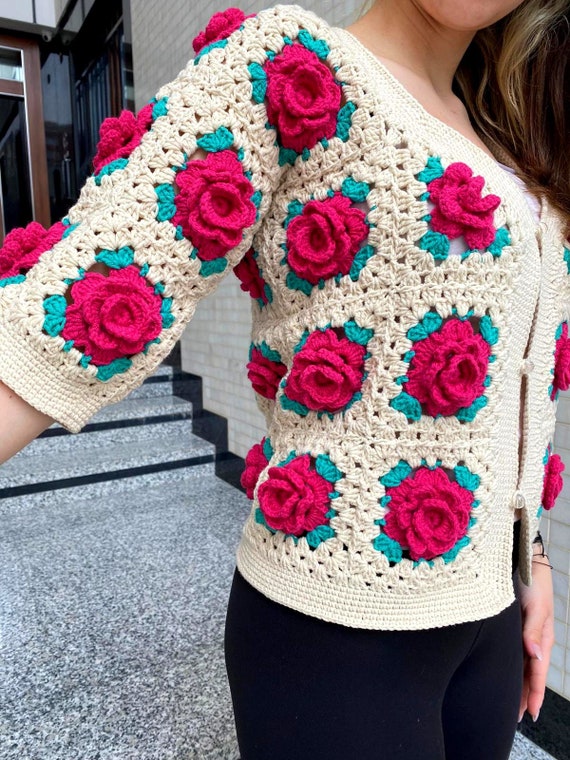 Crochet Red Rose Jacket, Knitted 3D Floral Sweater, Rose