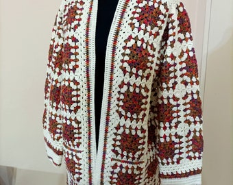 Crochet Variegated Granny Square Afghan Throw Cardigan, Colorful Sweater, Knitted Jacket, Patchwork Sweater, Gift for Mother