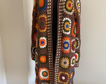 Crochet Brown Granny Square Afghan Oversized Cardigan , Long Knitted Jacket, Patchwork Sweater, Geometrical Jacket, Mothers Day Gift