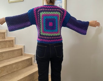 Crochet Granny Square Crop Sweater: Rainbow Boho Pullover