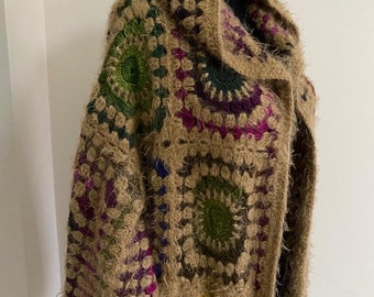 Crochet Granny Square Afghan Throw Oversized Cardigan, Knitted Geometrical Brown  Sweater, Patchwork Jacket, Mothers Day Gift