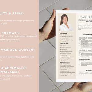 May include: A resume template with a minimalist design. The template features a professional headshot, contact information, work experience, education, and expertise sections. The resume is designed to be used for online applications or printed copies.