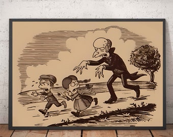 Simpsons Local villain C. Montgomery Burns terrorizing children in a 19th-century woodcut Poster Print