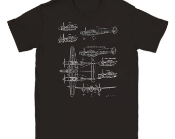 Print plans blueprints Diagram Lockheed P38 Lightning - T shirt - Black