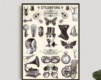 Steampunk Steam collection diagram Victorian style poster - Choose Size
