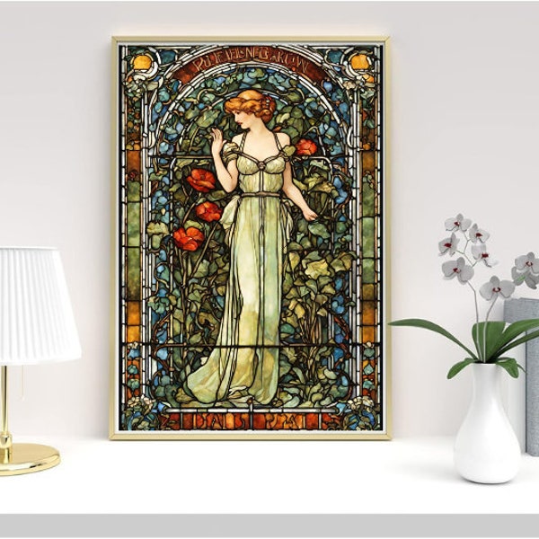 Affiche de vitrail art nouveau style pub anglais femme robe verte Art déco années 1920 années 1930 40 cm x 60 cm