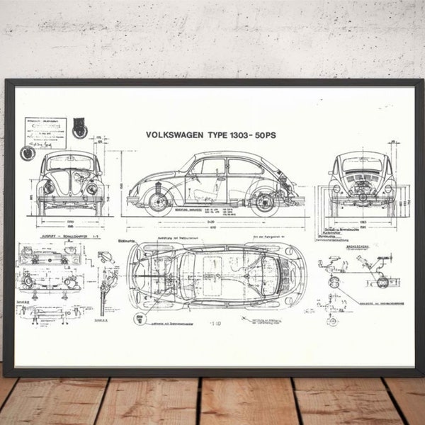 VW Käfer Typ 1303 Oldtimer Schemata Konstruktionszeichnung Design Blue Print Diagramm Poster