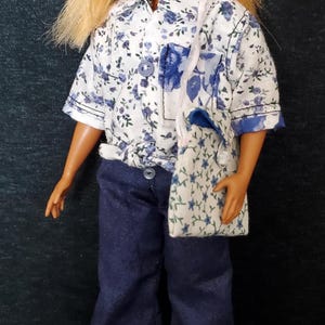 Curvy Doll Outfit: Floral Blouse, Wide Leg Jeans & Handbag
