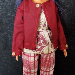 Fashion Doll Outfit: Floral Bustier, Plaid Pants & Cranberry Jacket