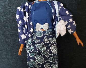 Barbie clothes+ doll clothes+ halter dress+ ribbon floral purse+ cowl shrug jacket