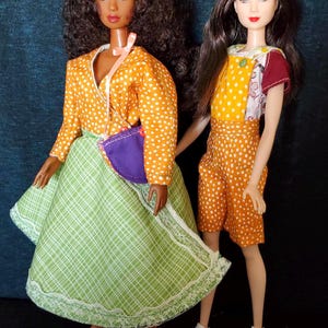 Doll fashions/ complimenting set/ Autumn colored wrap dress with panties, purse, stadium T-shirt, short-all's