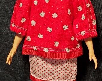 Barbie clothes+ doll clothes+ Red patterned peasant blouse+ printed strait skirt+ kerchief