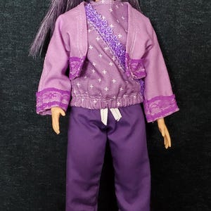 Doll pants set/ Purple print tank, elastic leg pants, crop jacket with lace trim
