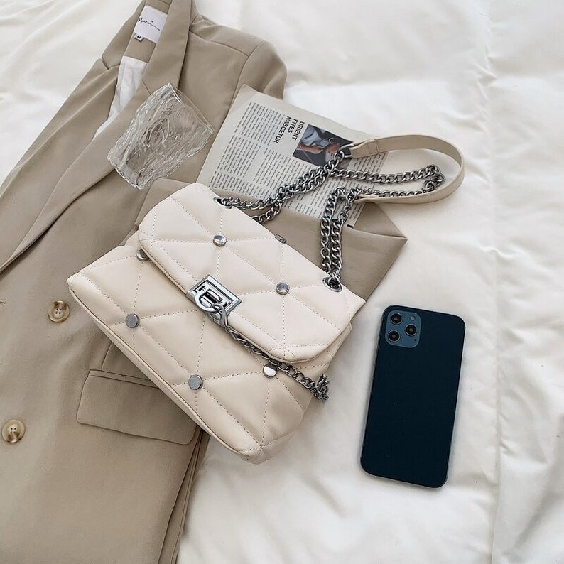 Fashion Small Square Bag High Quality Leather Chain Bag White