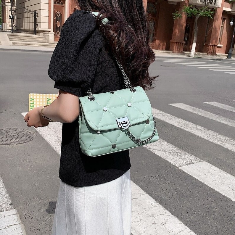 Fashion Small Square Bag High Quality Leather Chain Bag Green