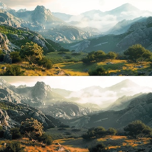 May include: A before and after image showing a mountain landscape with a valley in the foreground. The image on the left is a more natural color, while the image on the right has a more muted color palette.