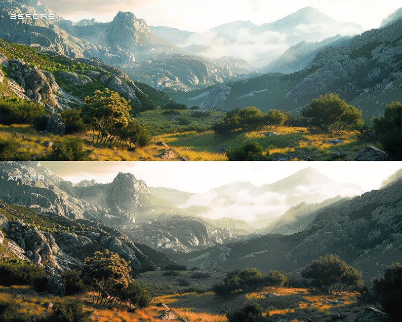 May include: A before and after image showing a mountain landscape with a valley in the foreground. The image on the left is a more natural color, while the image on the right has a more muted color palette.