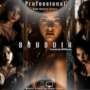 Op de afbeelding: Een set fotopresets voor mobiel en desktop, genaamd "BOUDOIR" door NYXStudio. De presets zijn ontworpen om foto's een professionele, hoogwaardige uitstraling te geven.