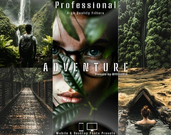 Pode incluir: Uma colagem de imagens que mostram a beleza da natureza. As imagens incluem uma cachoeira, uma ponte, o rosto de uma mulher e uma mulher a tomar banho numa fonte termal natural. O texto "Professional High Quality Filters" e "Adventure Presents by NVXStudio" é exibido na imagem. O texto "Mobile & Desktop Photo Presets" também é exibido na imagem.