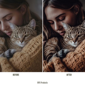 May include: A woman with long brown hair is holding a tabby cat in her arms. The woman and cat are both wearing a brown knitted sweater. The image is split into two sections, with the left side showing the original image and the right side showing the image after editing.
