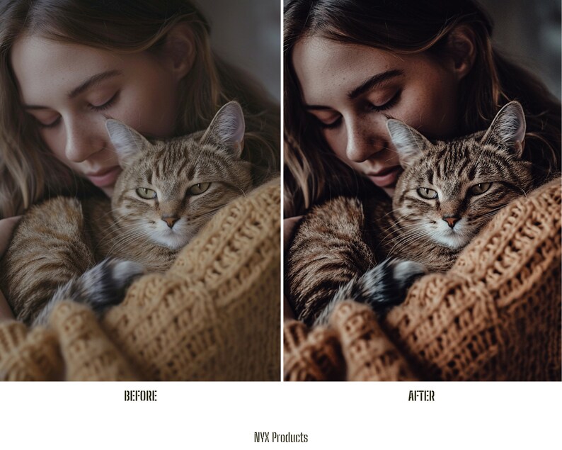 May include: A woman with long brown hair is holding a tabby cat in her arms. The woman and cat are both wearing a brown knitted sweater. The image is split into two sections, with the left side showing the original image and the right side showing the image after editing.