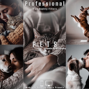 May include: A collage of images featuring people and their pets. The images show a woman holding a cat, a woman cuddling a dog, a man holding a dog, and a dog jumping in the air. The text "Professional High Quality Filters" and "Pets Presents by NYKStudio" is visible in the image.