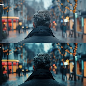 May include: A person wearing a dark blue coat walks down a city street with Christmas lights strung overhead. The street is lined with shops and buildings.