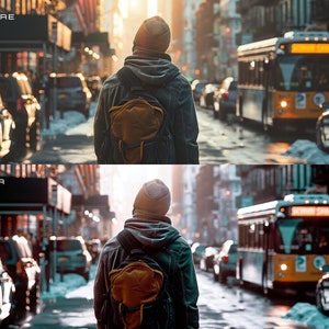 May include: A person wearing a dark blue jacket and a brown backpack walks down a city street. The street is lined with cars and a yellow bus is in the background. The sun is shining brightly and there is snow on the ground.