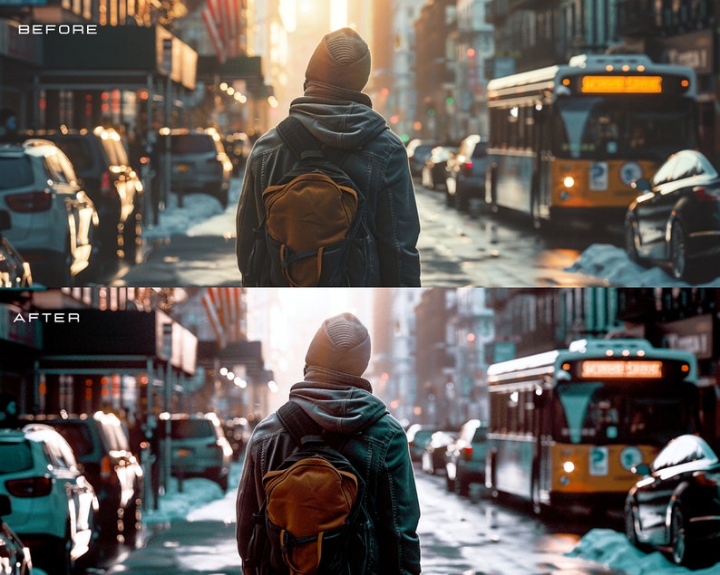 May include: A person wearing a dark blue jacket and a brown backpack walks down a city street. The street is lined with cars and a yellow bus is in the background. The sun is shining brightly and there is snow on the ground.