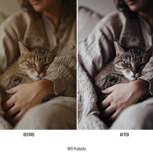 May include: A woman is holding a tabby cat in her arms. The cat is sleeping and has its eyes closed. The woman is wearing a light brown shirt and the cat is on her lap. The image is split into two sections, showing the image before and after editing.