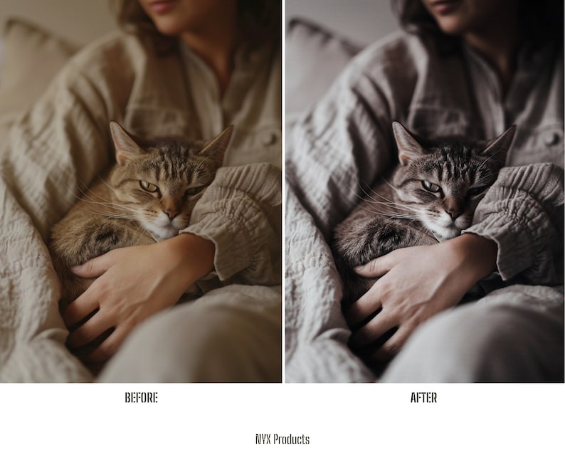 May include: A woman is holding a tabby cat in her arms. The cat is sleeping and has its eyes closed. The woman is wearing a light brown shirt and the cat is on her lap. The image is split into two sections, showing the image before and after editing.