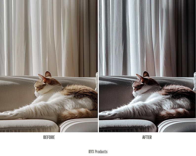 May include: A before and after image showing the difference in lighting and color correction. The image shows a cat sleeping on a couch in front of a window with curtains. The before image is darker and has a yellow cast. The after image is brighter and has a more natural color balance.