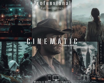 May include: A collage of images showcasing a set of cinematic photo filters. The images feature a bar, a forest, a city street, and a person wearing a cowboy hat. The text "Professional High Quality Filters" and "Cinematic" are displayed on the image.